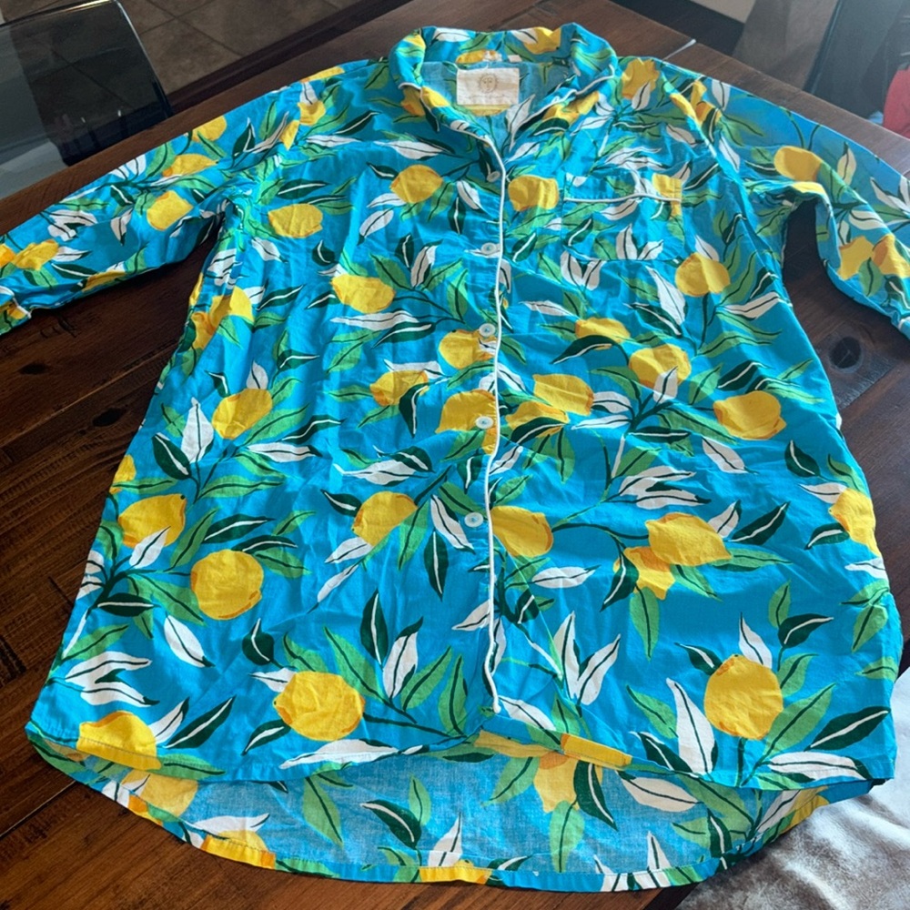 Printfresh Turquoise Lemon-Print Cotton Pajama Shirt